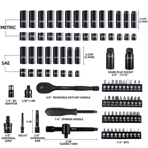 3/8-Inch Drive Impact Socket Set With 95 Pieces Heavy Duty Pro Grade Tough Build Deep And Shallow Metric 8mm-22mm And SAE 5/16-3/4, 6-Point Includes Extension Bar Universal Joint Spark Plug Socket Ratchet Handle Cr-V layout with tools and bits.
