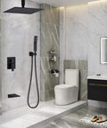 Shower Faucet Set, 12-Inch Rainfall Head, Handheld and Valve, Matte Black installed in modern bathroom setting.