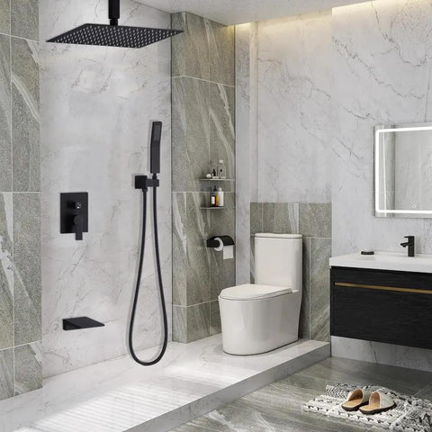 Shower Faucet Set, 12-Inch Rainfall Head, Handheld and Valve, Matte Black installed in modern bathroom setting.