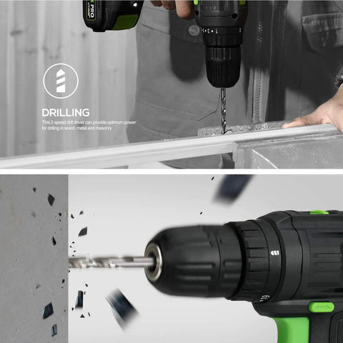 No Nonsense Two Speed Compact Drill Driver 20V Max With Three Eighths Inch Chuck in drilling action on metal and concrete surfaces