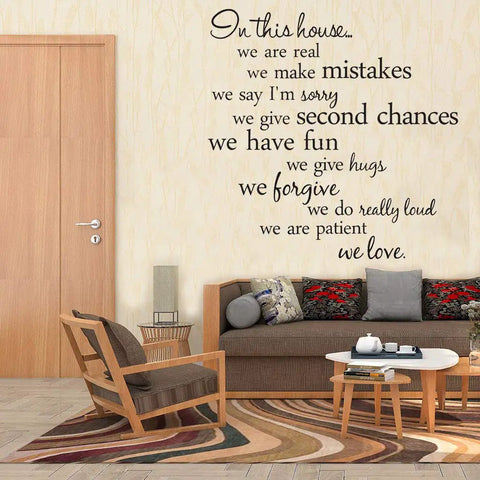 Sticker Wall Decals For Living Room And Bedroom Easy Peel And Stick Removable Mural Words Decor Set on a living room wall above a sofa.
