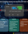10A MPPT Solar Charge Controller for 12V Off Grid Systems with LCD display and battery type compatibility options visible