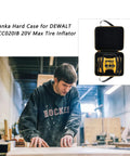 Hard Case For DEWALT DCC020IB 20V Max Tire Inflator Replacement Protective Carry Case with soft lining, displayed in workshop.