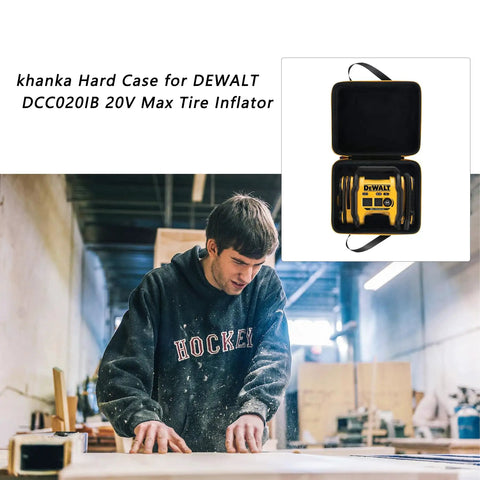 Hard Case For DEWALT DCC020IB 20V Max Tire Inflator Replacement Protective Carry Case with soft lining, displayed in workshop.