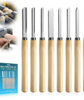 Eight Piece High Speed Wood Lathe Chisel Set With Parting Tool And Gouges for effortless woodturning, featuring HSS blades and hardwood grips.
