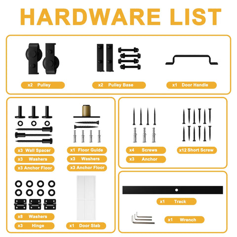 Hardware list for Solid Core Bi Fold Barn Door Kit With Forty Inch Track Kit Included For Interior Use White Primed Paintable Finish Panels Measure Twenty Five Inches Wide By Eighty Four Inches Tall One And One Sixth Inch Thick H Shape Sliding Folding Barn Door