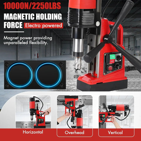 PeakPursuit Portable Magnetic Drill Press 1300W 810Rpm For Steel showing magnetic holding force and adjustable angles for use in construction.