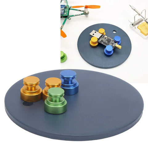 Magnetic Welding Bracket For Circuit Boards And Mild Steel Coupons, Soldering Holder And Repair Parts Kit, SMD Board Stability Magnet Base For Precise Welding Practice Plate MH14, with colorful magnetic pins on a base.