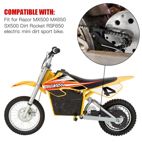 Razor MX650 dirt bike with 25H Chain 132 Link And MX650 Chain Tensioner Replacement Kit installed, highlighting compatibility
