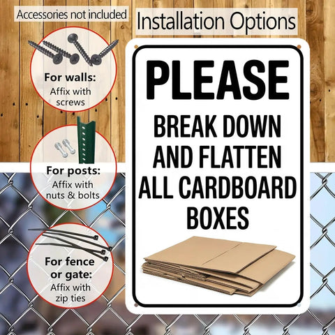 Metal Cardboard Recycle Sign 8 By 12 Inches Tough As Nails Heavy Duty All Weather Outdoor Indoor Durable Black And White Design Waterproof UV Resistant Dust Proof For Home And Shop Use mounted on fence