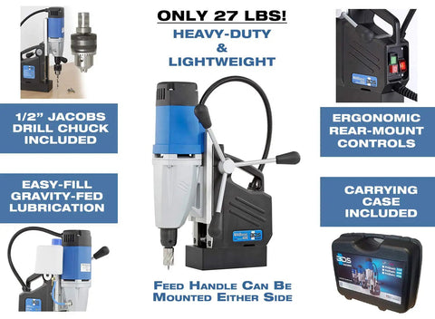 German Made Portable Magnetic Drill Press With Dual Speed Controls And A Beefy 9.5 Amp Motor That Smashes Through Heavy Steel Plate Jobsite Ready Compact Frame with ergonomic controls and carrying case.