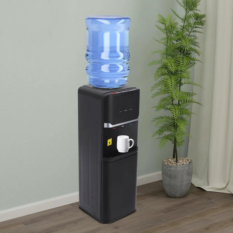 Triple Temperature Water Dispenser With Hot Cold Warm Water Output For Coffee Tea And More Five Gallon Floor Standing Electric Cooler And Heater With Child Lock For Home Office Cafes Black in room