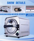 Front view of a 14L stainless steel DACAT-RICHFU TR250E home autoclave with pressure gauge and control knob