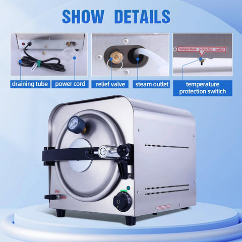 Front view of a 14L stainless steel DACAT-RICHFU TR250E home autoclave with pressure gauge and control knob