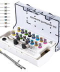Pro Grade Dental Implant Torque Wrench Set For Prosthetics Universal Kit With Adjustable Ratchet And Screwdrivers 16 Pieces 10 To 70 Ncm Fully Autoclavable open case with stainless torque wrench and color-coded bits