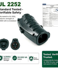 Nacs To J1772 Ev Charging Adapter 80A High Amps 250V IP 65 rated waterproof heavy duty connector showcasing UL 2252 testing and safety features.