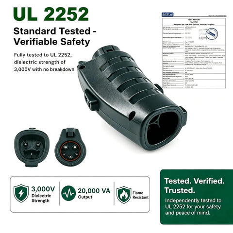 Nacs To J1772 Ev Charging Adapter 80A High Amps 250V IP 65 rated waterproof heavy duty connector showcasing UL 2252 testing and safety features.