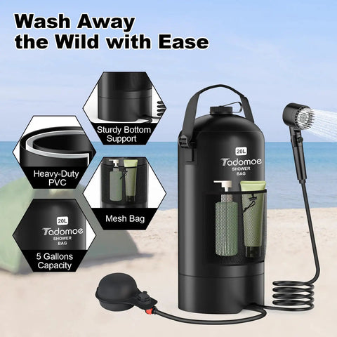 On The Go Solar Heated Camp Shower Bag 5 Gal 20L With Foot Pump Portable Outdoor Shower With Shower Head And Sprayer, Black