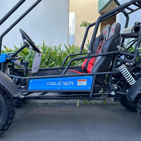 Side view of 125cc Premium Two Seater Go Kart With Automatic Transmission And Reverse LED Headlights Safety Speed Governor Off Road Buggy For Kids And Grownups Durable Build For Trails And Backyard Adventures GK6125B, showcasing black frame and two seats.