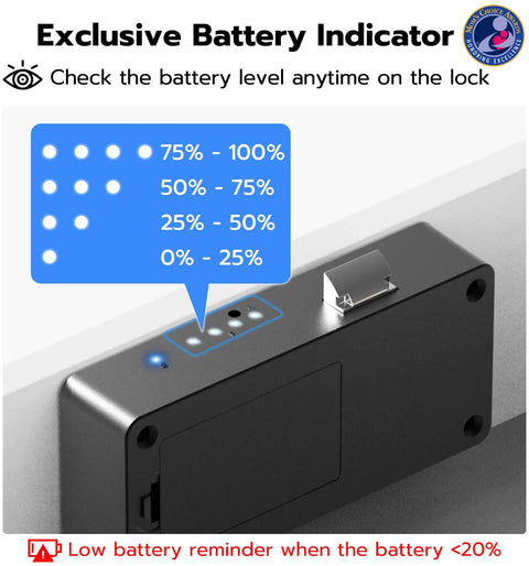 Black No Drill Hidden Adhesive Cabinet Lock For Baby Proofing Drawers And Cabinets With 5 Ways To Unlock showing battery indicators