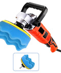 Close-up of 10 Piece 4 Inch Car Polishing Pad Kit with blue sponge pad attached to a drill adapter.