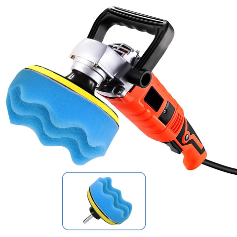 Close-up of 10 Piece 4 Inch Car Polishing Pad Kit with blue sponge pad attached to a drill adapter.