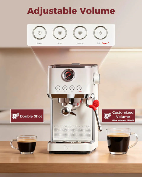 Top Shelf Dual Boiler Espresso Machine With 58 MM Commercial Brew Head And Powerful Steam Wand For Killer Crema And Easy Home Barista Shots In Classic Ivory with adjustable volume settings.