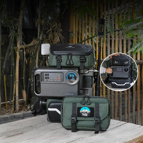 Rugged Modular Waterproof Camera Backpack With Front Pack And Magic Arm Rig Exoskeleton Design All In One DSLR SLR Bag For Photography And Lighting Gear Black displayed outdoors with power and camera gear.