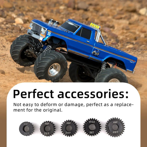 Power Packed 48DP Pinion Gear Set for 1/10 RC Cars displayed with gears 20T to 28T hardened steel and RC car in background