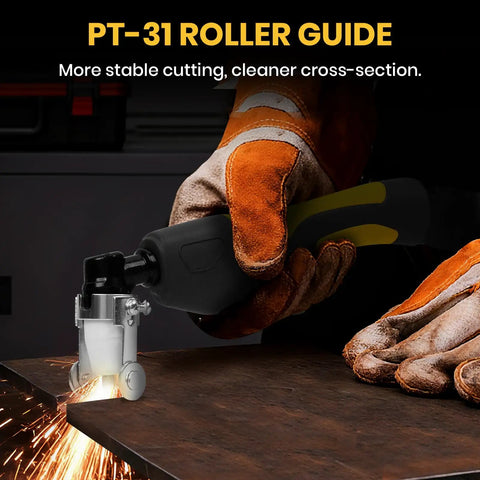 71 Piece Plasma Cutter Consumables Kit With Roller Guide Wheel Spacer in use on metal for PT 31 JG 40 LG 40 Torches
