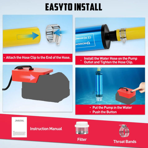 Installation guide for Zero Drama Cordless Submersible Water Pump Heavy Duty Silent Operation with hose attachment steps.