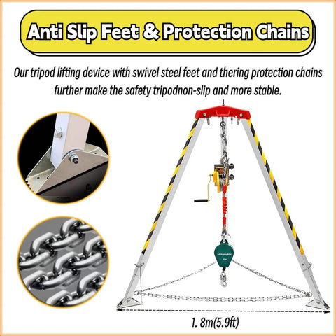 Rugged Confined Space Tripod Rescue Rig Featuring Heavy Duty Winch Choices And Dependable Fall Protection Gear For No Sweat Lifting Jobs In Deep Wells Manholes And Rooftop Sites with anti-slip feet and protection chains.