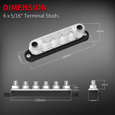 Diagram of 12V Battery Bus Bar Power Distribution Block With 6 M8 Terminal Studs, Positive And Negative Terminal Blocks, Includes Cover