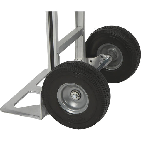 Close-up of wheels and toe plate of Aluminum Hand Truck With 600 Pound Capacity For Moving Boxes And Crates