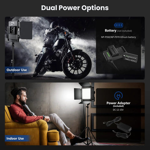 2 Pack Bi Color 660 LED Video Light Kit with Stands for Studio Use Dimmable 3200K to 5600K showcasing dual power options