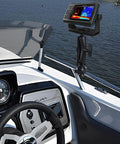 Close-up of Double U Bolt 1.5 Inch Mount Base for rails on a boat console, supporting a C Size 1.5 inch double socket arm and fish finder.