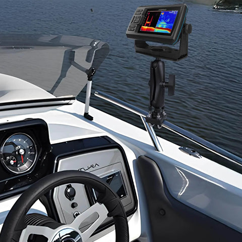 Close-up of Double U Bolt 1.5 Inch Mount Base for rails on a boat console, supporting a C Size 1.5 inch double socket arm and fish finder.