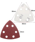 Super Cool 121 PCS Triangle Sanding Discs With Dust Vents And Peel Switch Backing For Fast Tool-Free Swapping showing red and white 90mm triangular pads with six holes for sawdust reduction.