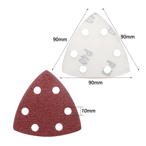 Super Cool 121 PCS Triangle Sanding Discs With Dust Vents And Peel Switch Backing For Fast Tool-Free Swapping showing red and white 90mm triangular pads with six holes for sawdust reduction.