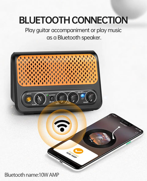 10W Mini Electric Guitar Amplifier With Clean And Overdrive Channels, Reverb, Bluetooth Streaming, shown with phone connected