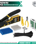 All In One Pass Through RJ45 Crimper Kit With Cable Tester And Stripper For Cat5 To Cat6a, RJ11 RJ12 Connectors Pro Grade Ethernet Crimping Tool Set Includes Blades displayed on a white background