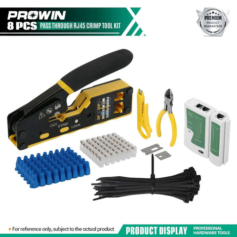 All In One Pass Through RJ45 Crimper Kit With Cable Tester And Stripper For Cat5 To Cat6a, RJ11 RJ12 Connectors Pro Grade Ethernet Crimping Tool Set Includes Blades displayed on a white background