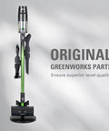 Greenworks stick vacuum with text 'Original Greenworks Parts' on gray background.