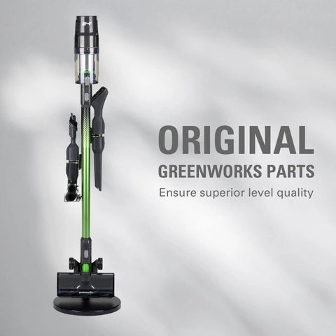 Greenworks stick vacuum with text 'Original Greenworks Parts' on gray background.