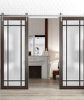 Sturdy Double Barn Door With Frosted Glass In Chocolate Ash Finish Built Like A Tank For Modern Interiors 84 By 96 Inches