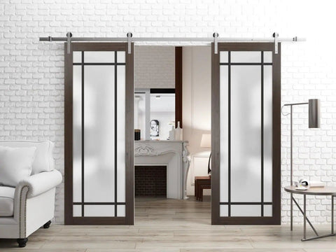 Sturdy Double Barn Door With Frosted Glass In Chocolate Ash Finish Built Like A Tank For Modern Interiors 84 By 96 Inches