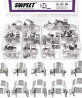 Swpeet stainless steel mini fuel-injection hose clamp set in clear case, 50 pcs, 10 sizes (front view)