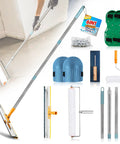 Upgraded Self Leveling Cement Tool Kit With Floor Construction Roller Spike Shoes Adjustable Threaded Pole Self Leveling Rake And Spiked Roller For Garage Flooring And Concrete Projects, complete kit displayed with accessories and tools.