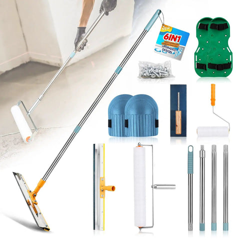 Upgraded Self Leveling Cement Tool Kit With Floor Construction Roller Spike Shoes Adjustable Threaded Pole Self Leveling Rake And Spiked Roller For Garage Flooring And Concrete Projects, complete kit displayed with accessories and tools.