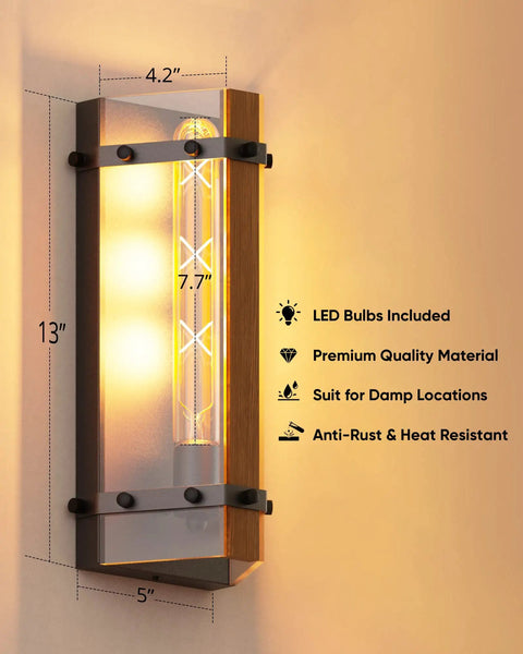 Industrial Wall Sconces Set Of Two With Walnut Wood And Black Metal Vintage Rustic Lantern Style Wall Lighting Fixtures E26 Base 2700K Bulbs Perfect For Cozy Vibes In Bedroom Living Room Dining Room Foyers And Hallways, showing dimensions and features